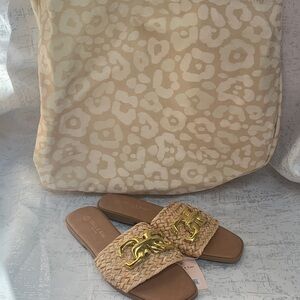 Beige Woven Slide Sandals with Gold Chain Accent